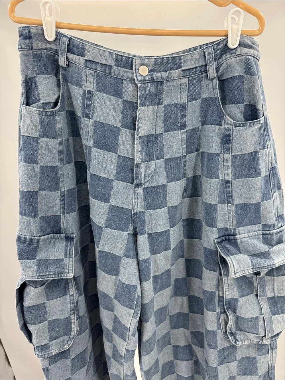 Bibi Checkerboard Denim Cargo wide leg barrel Jeans Pants Two-Tone Blue XL denim - Picture 6 of 11
